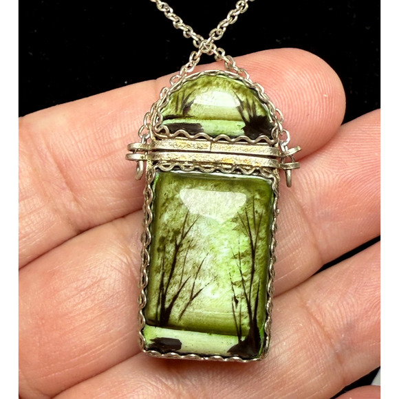 Vtg Russian Finift Enamel Perfume Box Pendant 24" Necklace Hand Painted Forest - Picture 3 of 5
